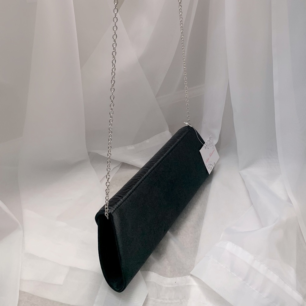 Black Crystal Clutch Satin Silk Rhinestone Silver Embellish Purse Chain Handbag - Picture 4 of 11